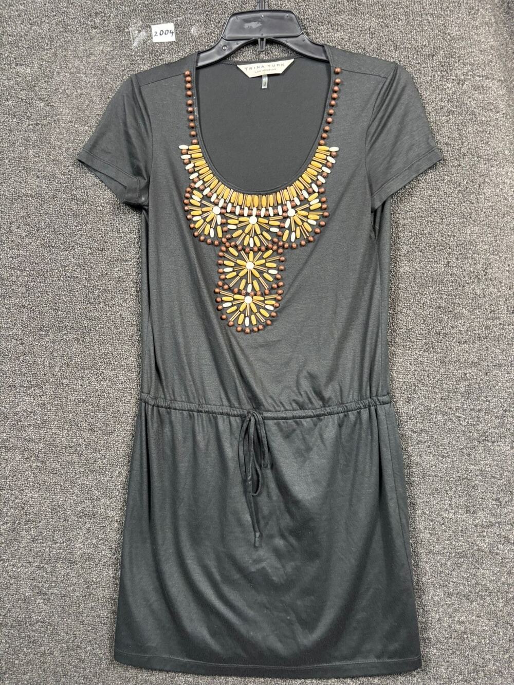 Trina Turk Beaded A-Line Midi Dress Womens Size 0 Black Short Sleeves Drawstring